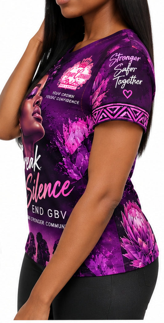 Break the Silence purple anti-GBV shirt, three-quarter model view
