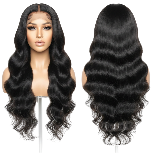 Yoyo Crown long black wavy human hair lace front wig on a mannequin head, showing front and back views.
