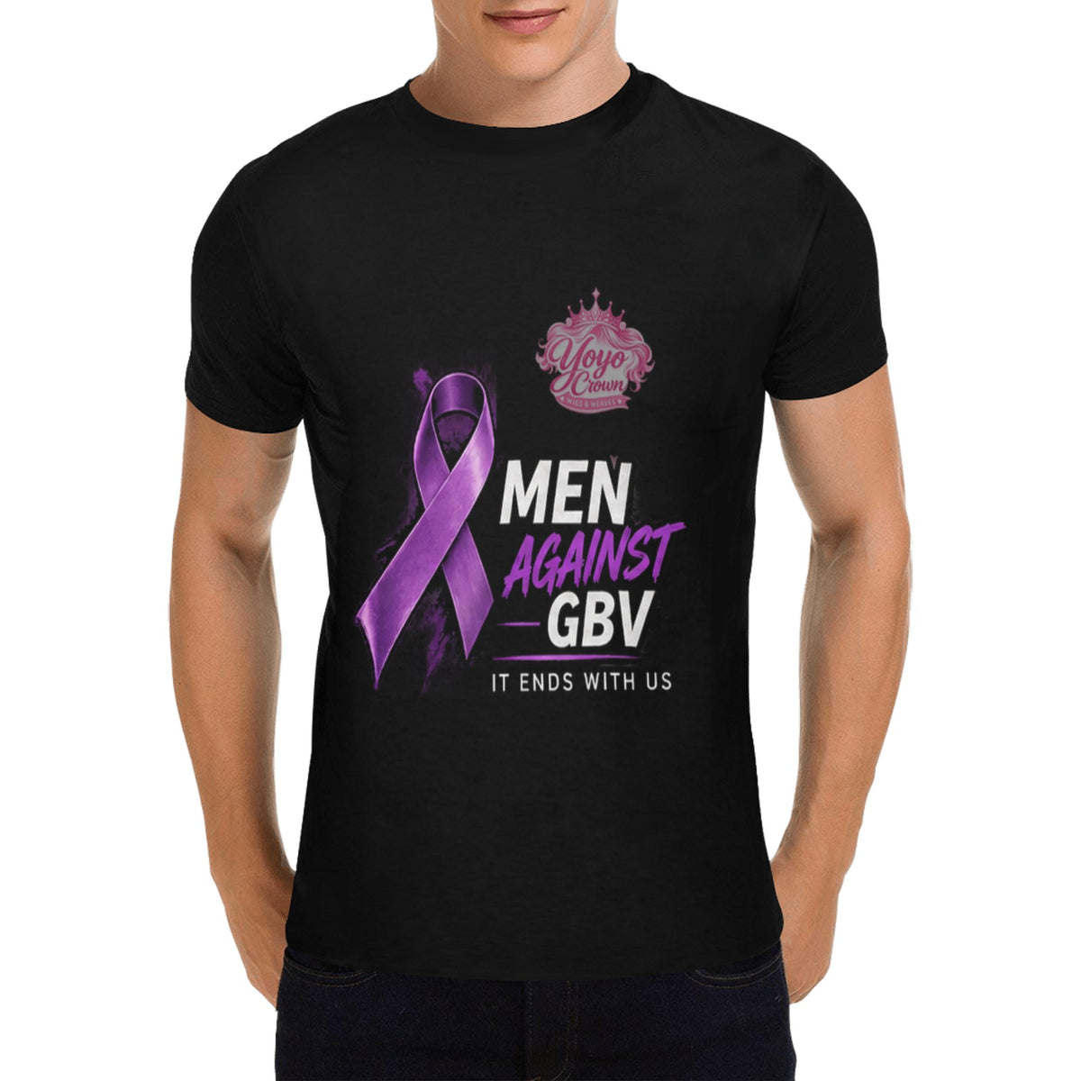 Model wearing Men Against GBV shirt, front view