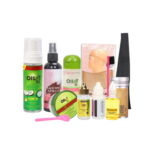 Yoyo Crown 12-piece wig installation kit featuring lace tint, edge control, glue, remover, and styling tools.