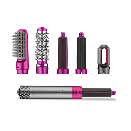 Yoyo Crown 5-in-1 hot-air styling brush set with grey and fuchsia attachments for drying, curling, and smoothing hair.