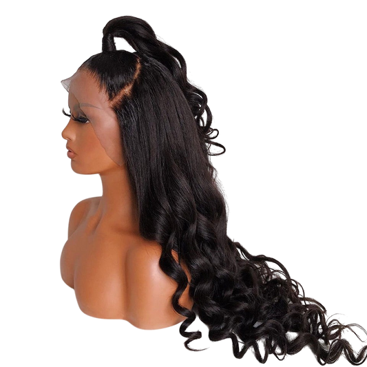 Yoyo Crown black body wave lace front wig on a mannequin head styled in a high half-up ponytail with natural hairline
