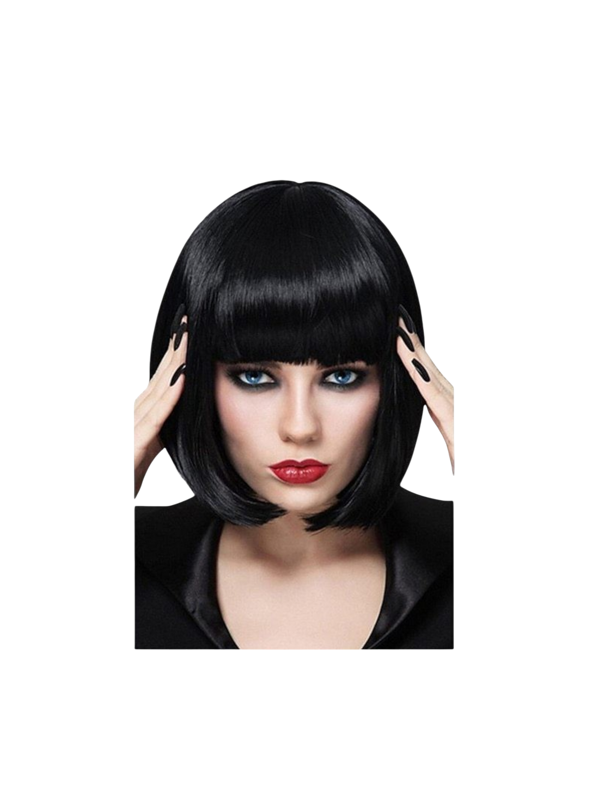 Yoyo Crown black synthetic short bob wig with straight bangs worn by a model with red lipstick and black nails
