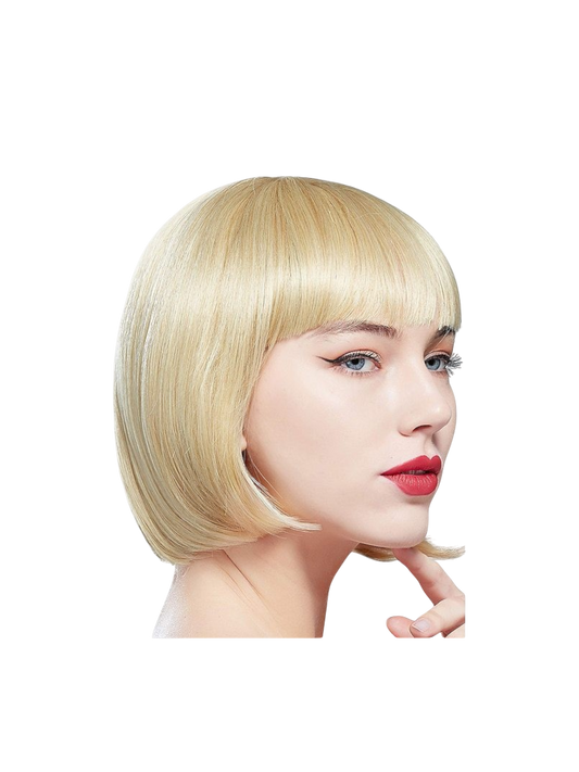 Yoyo Crown blonde synthetic short bob wig with straight bangs worn by a model in profile view
