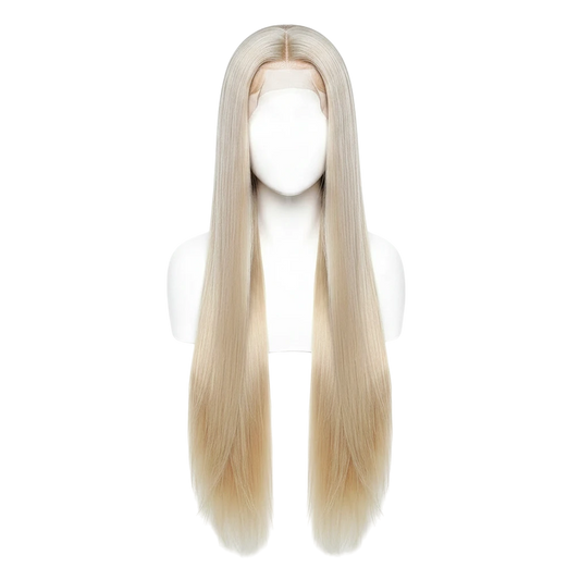 Yoyo Crown 40-inch blonde human hair lace front wig with a natural center part on a mannequin head