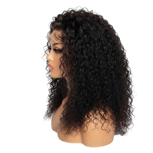 Yoyo Crown black curly lace front human hair wig on a mannequin head showing a side profile view
