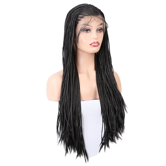 Yoyo Crown long black synthetic wig featuring intricate box braids on a mannequin head