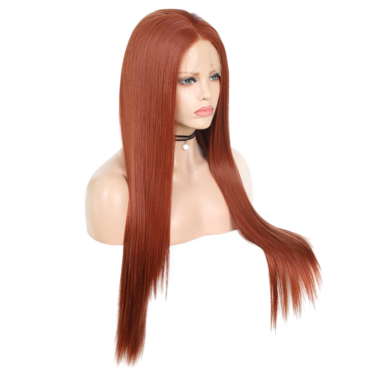 Yoyo Crown long straight auburn synthetic front lace wig on a mannequin head with a natural hairline