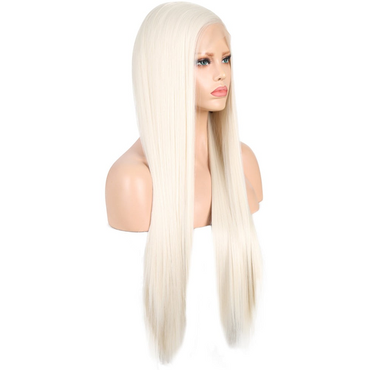 Yoyo Crown long straight white synthetic lace front wig on a mannequin head showing a natural hairline