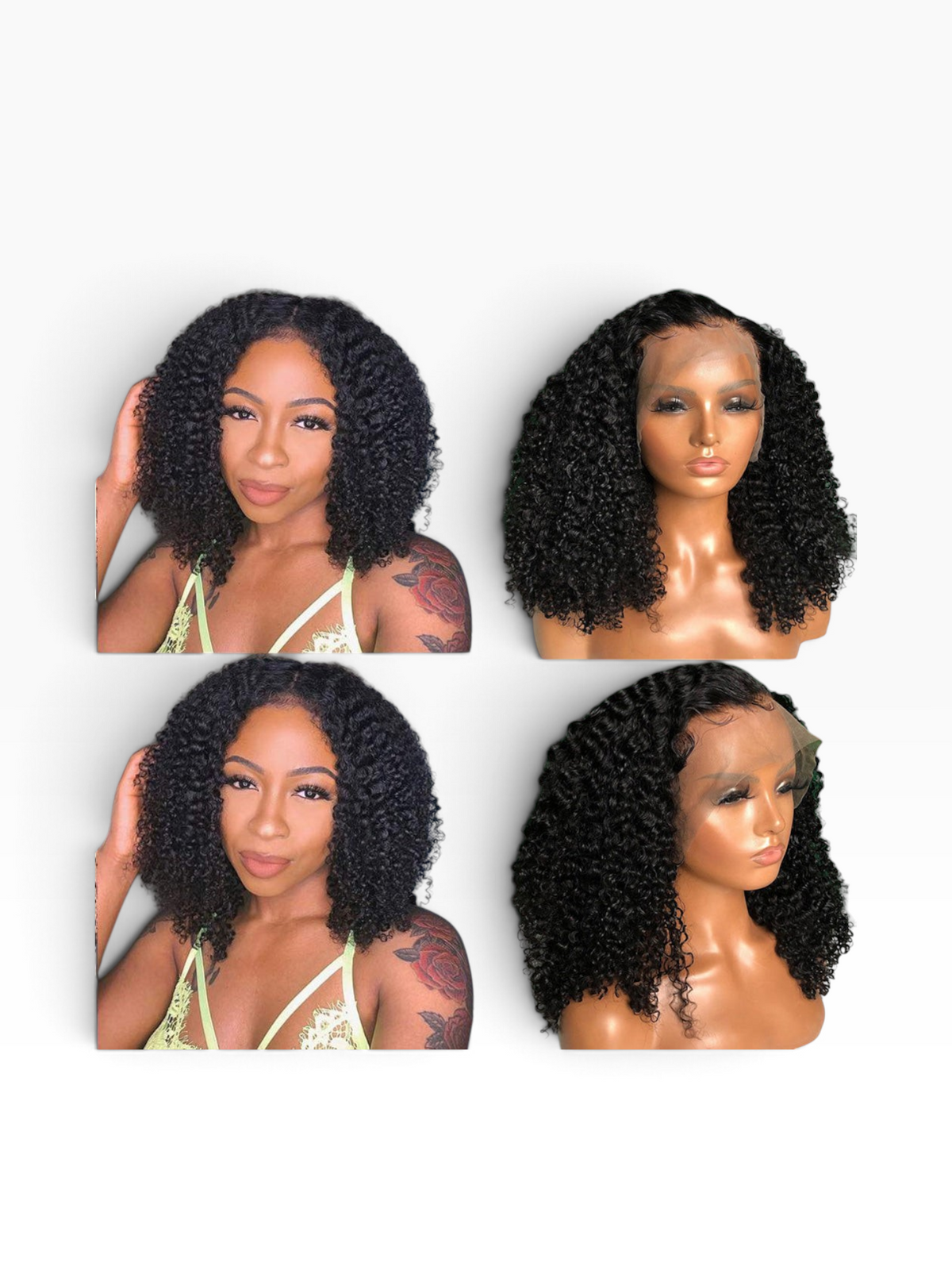 Yoyo Crown short black curly lace front human hair wig worn by a model and displayed on a mannequin head