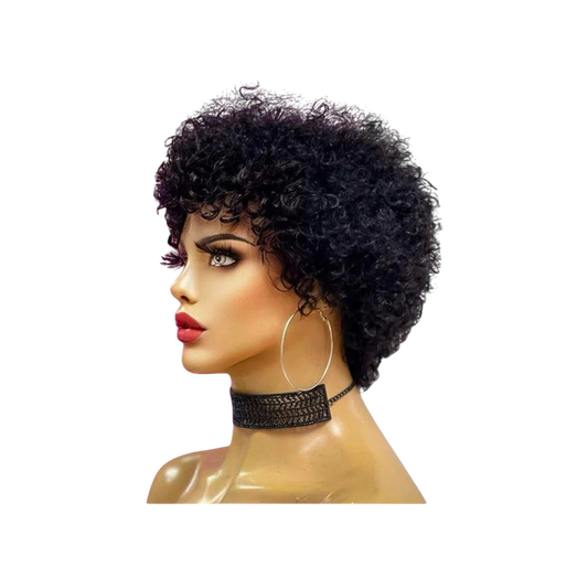 Yoyo Crown short black afro kinky curly wig on a mannequin head with hoop earrings and a black choker