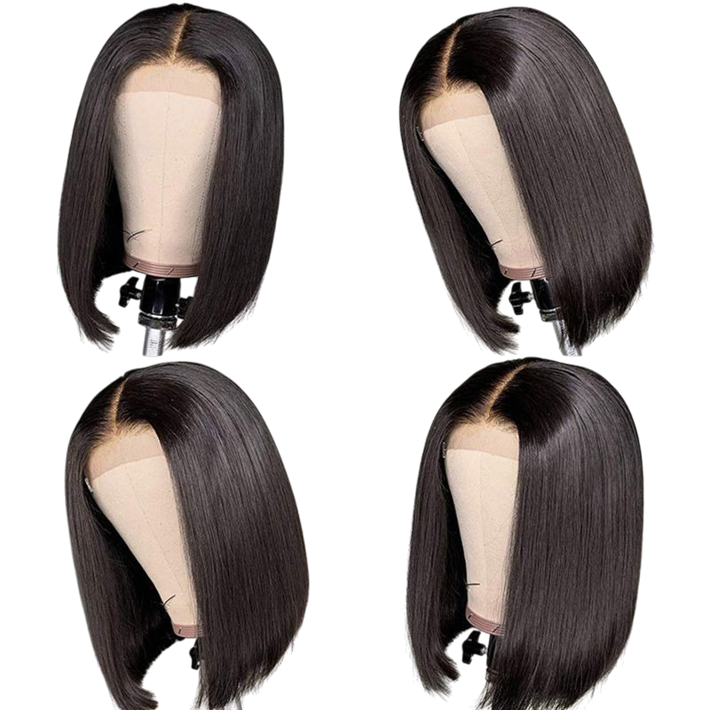 Yoyo Crown straight black bob lace front wig with a natural middle part on a mannequin head