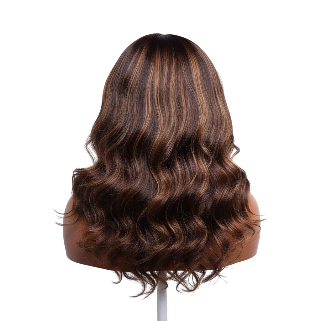 Yoyo Crown wavy human hair wig with brown and honey blonde highlights on a mannequin head, back view