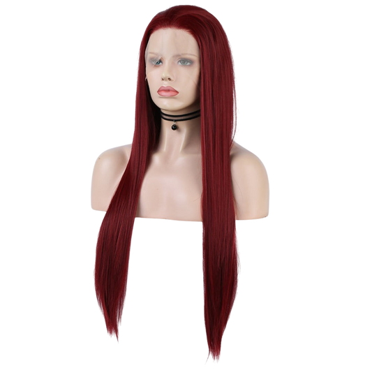 Yoyo Crown long straight wine red synthetic lace front wig on a mannequin head with a natural hairline