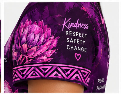 Purple shirt sleeve with solidarity message and protea artwork