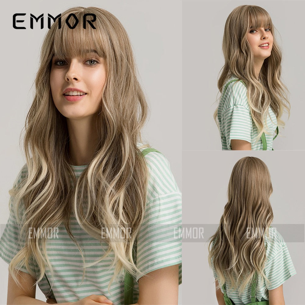 Black Brown Bangs Long Curly Hair Natural Full Head Set Chemical Fiber Wig Female Full Head