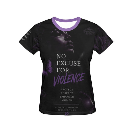 No Excuse for Violence black and purple anti-GBV shirt, front view