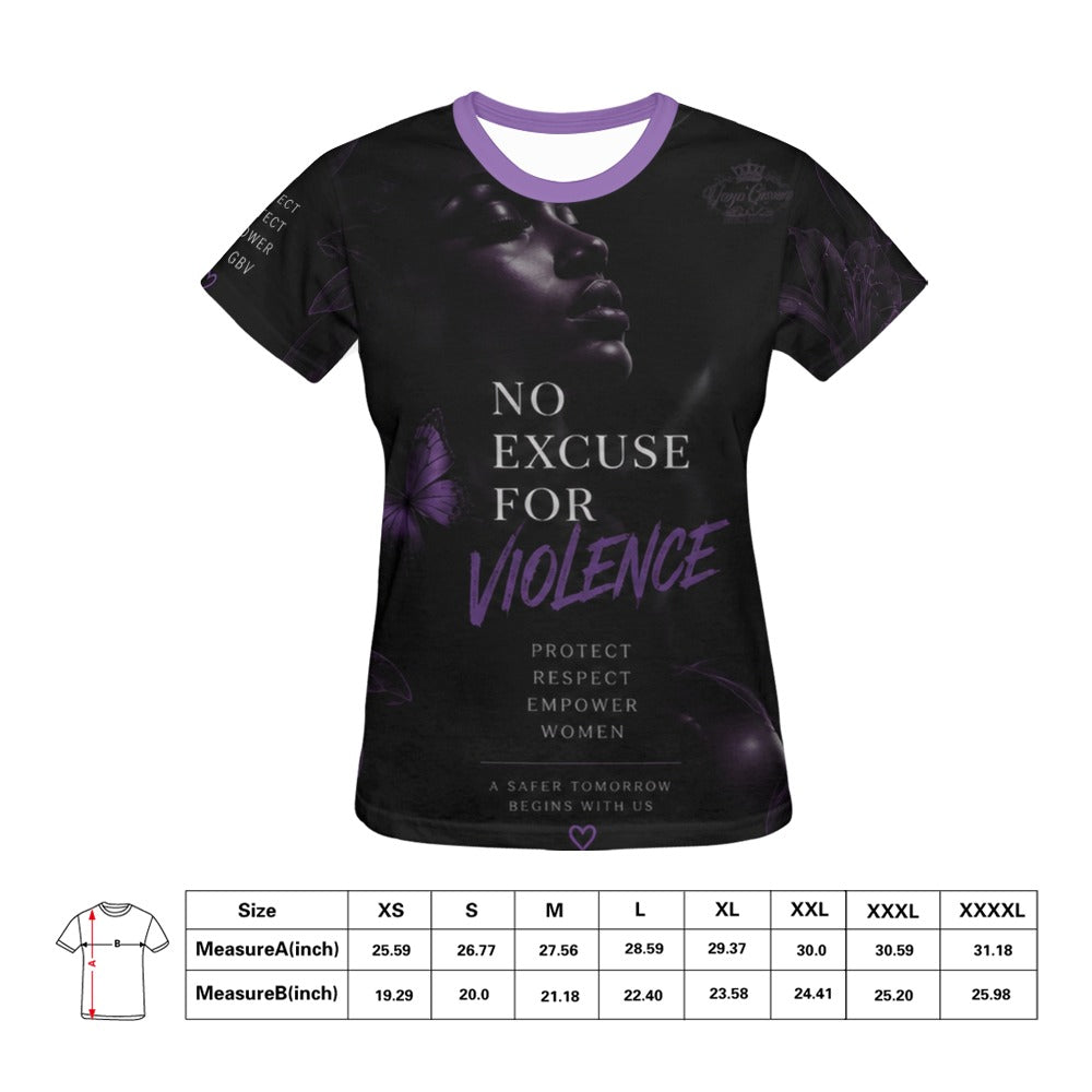 Women's No Excuse for Violence shirt and sizing image