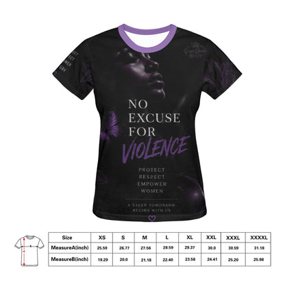 Women's No Excuse for Violence shirt and sizing image
