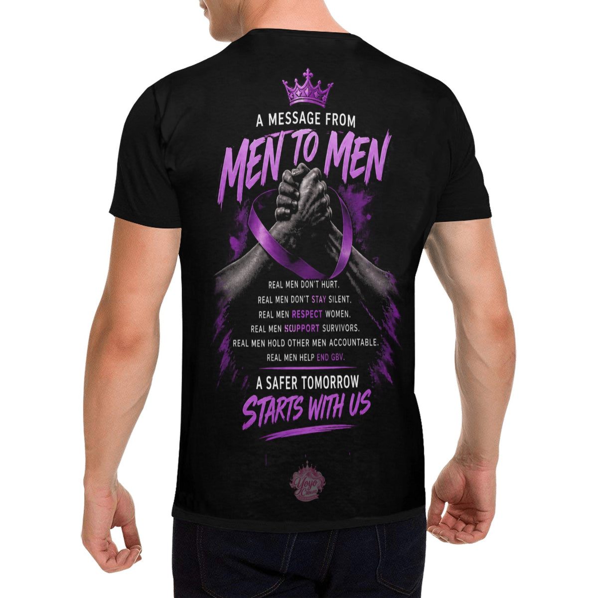 Model wearing Men Against GBV shirt, back view