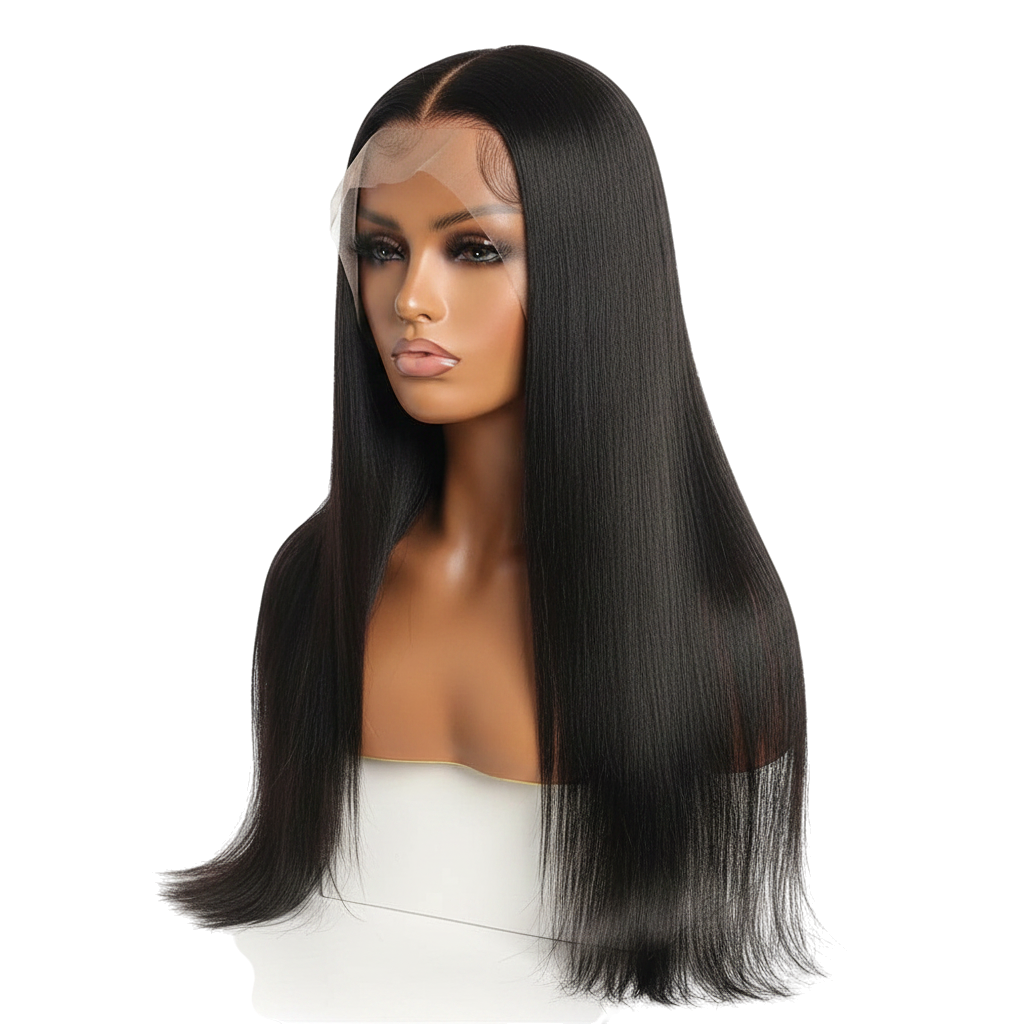 Yoyo Crown 30 inch straight human hair wig with transparent lace front on a mannequin head in natural black 1B color.