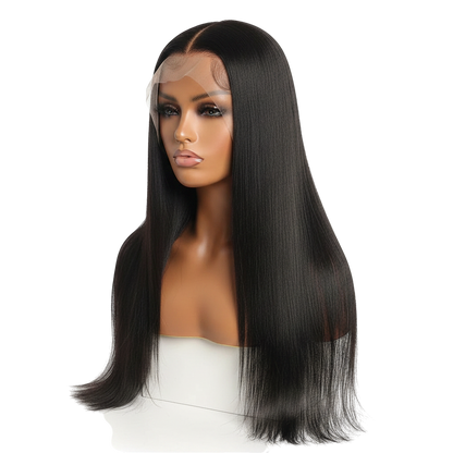 Yoyo Crown 30 inch straight human hair wig with transparent lace front on a mannequin head in natural black 1B color.