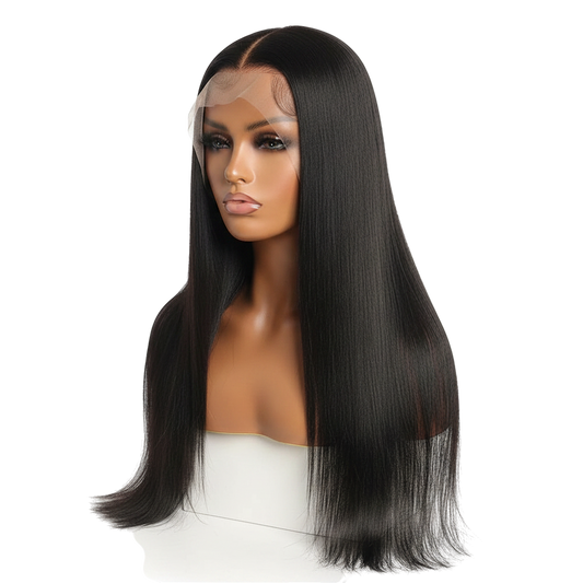 Yoyo Crown 30 inch straight human hair wig with transparent lace front on a mannequin head in natural black 1B color.