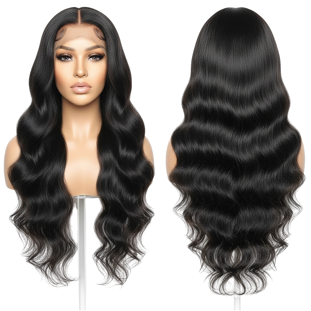 Yoyo Crown long black wavy human hair lace front wig on a mannequin head, showing front and back views.