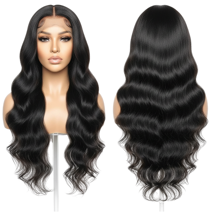 Yoyo Crown long black wavy human hair lace front wig on a mannequin head, showing front and back views.