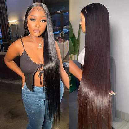 Yoyo Crown glueless straight human hair wig on a model with long sleek dark hair and a natural lace front hairline