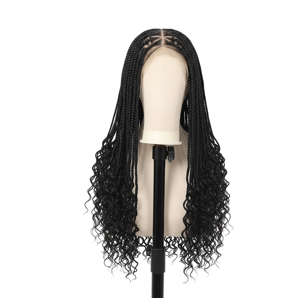 Yoyo Crown long black triangle braided lace front wig with curly ends on a mannequin head