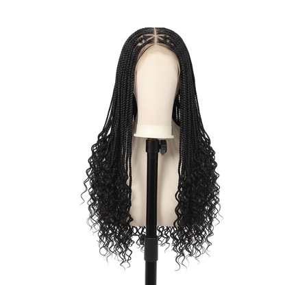 Yoyo Crown long black triangle braided lace front wig with curly ends on a mannequin head