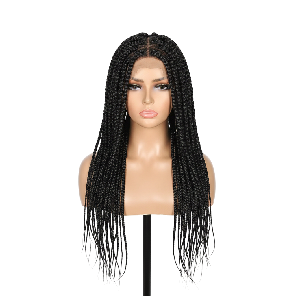 Yoyo Crown long black triangle braided lace front wig on a mannequin head with natural curly ends