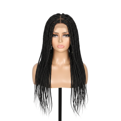 Yoyo Crown long black triangle braided lace front wig on a mannequin head with natural curly ends