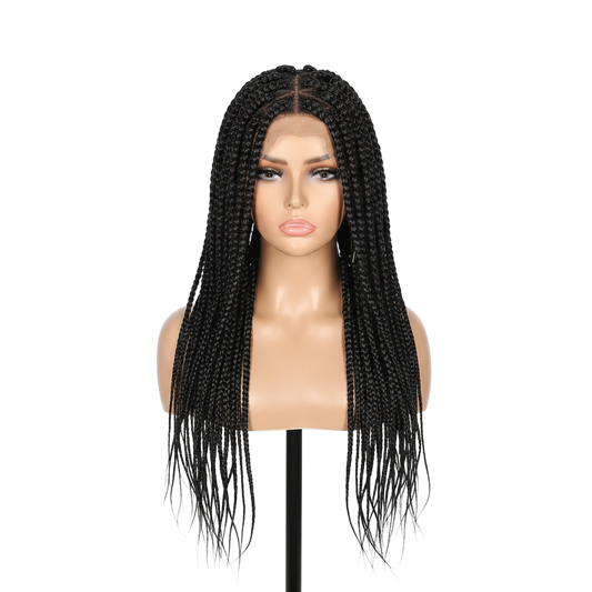 Yoyo Crown long black triangle braided lace front wig on a mannequin head with natural curly ends