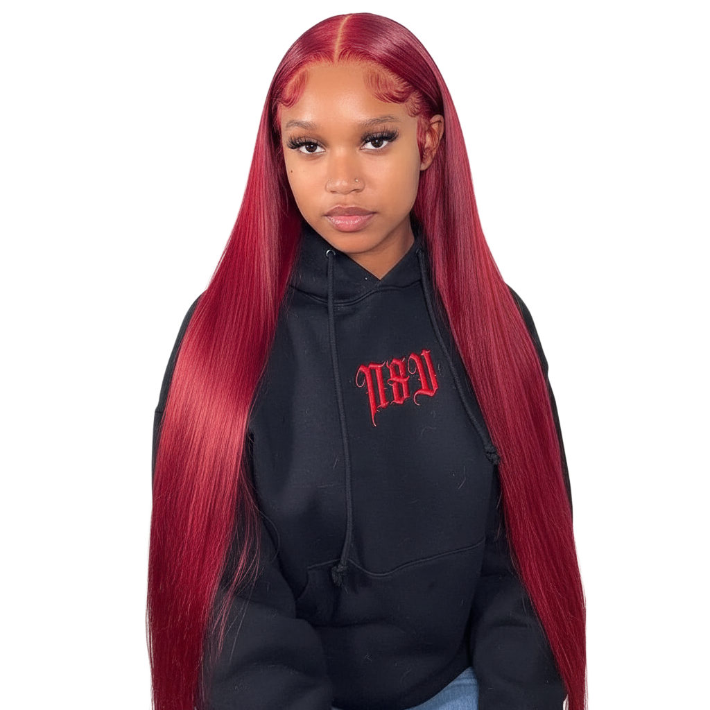 Yoyo Crown red straight human hair wig worn by a woman with a center part and sleek finish