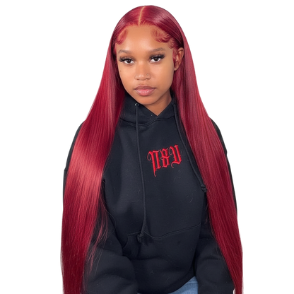 Yoyo Crown red straight human hair wig worn by a woman with a center part and sleek finish