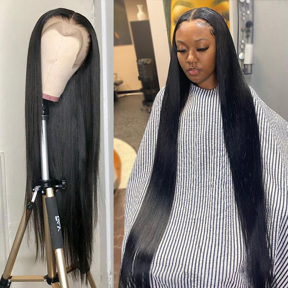 Yoyo Crown glueless straight human hair wig on a mannequin head and worn by a model with a natural middle part
