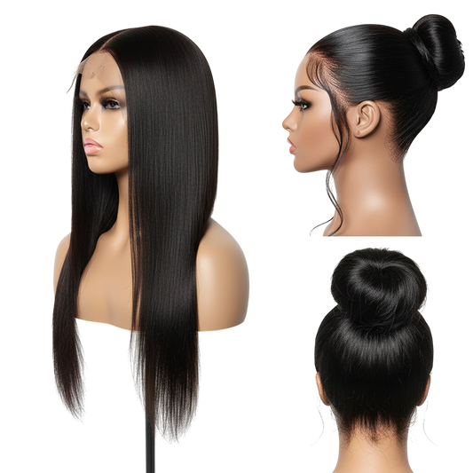 Yoyo Crown 30 inch straight human hair wig with transparent lace front shown on a mannequin in loose and bun styles.