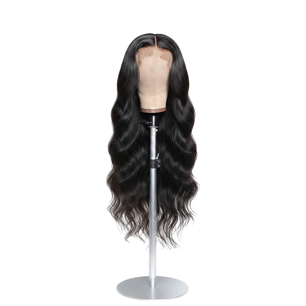 Yoyo Crown long wavy black human hair lace front wig on a mannequin head with a natural-looking center part.