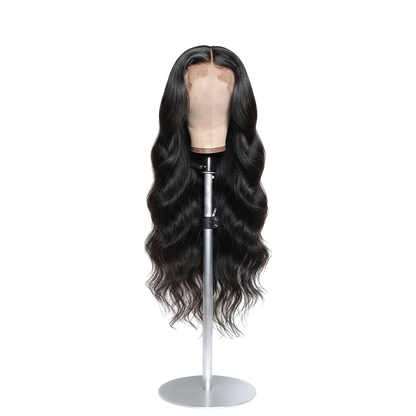 Yoyo Crown long wavy black human hair lace front wig on a mannequin head with a natural-looking center part.
