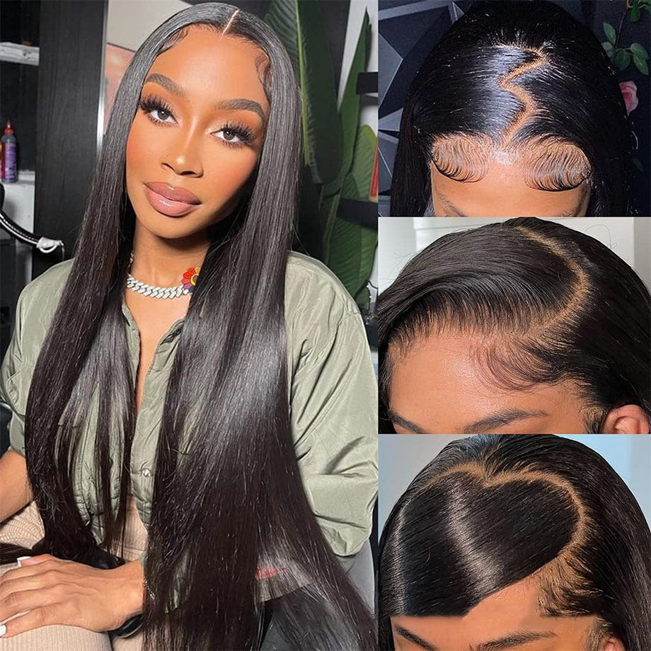Yoyo Crown glueless straight human hair wig with a natural lace front and custom zig-zag and heart-shaped partings.
