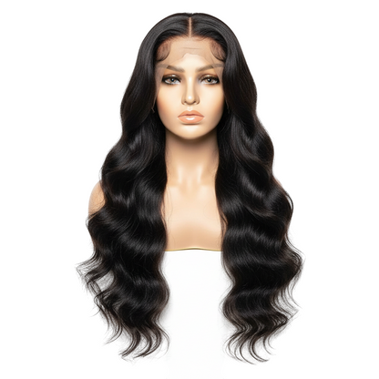 Yoyo Crown long wavy black human hair lace front wig on a mannequin head with a natural-looking hairline.