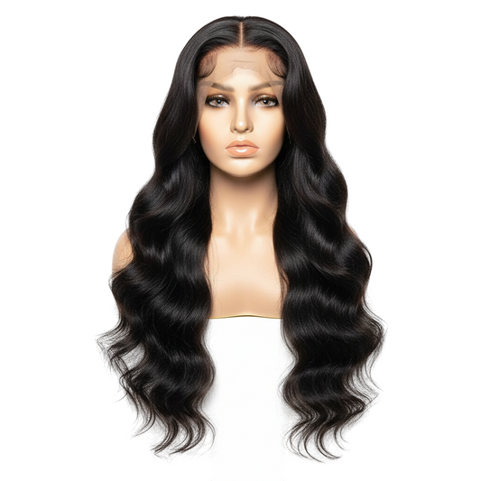 Yoyo Crown long wavy black human hair lace front wig on a mannequin head with a natural-looking hairline.