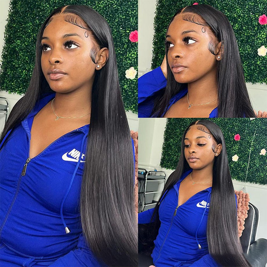 Yoyo Crown glueless straight human hair wig on a model with styled baby hairs and a natural lace front finish