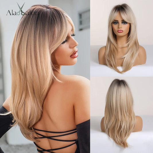Long Straight Wigs Ombre Black Blonde Ash Wigs with Bangs Heat Resistant Synthetic Wigs for African American Women