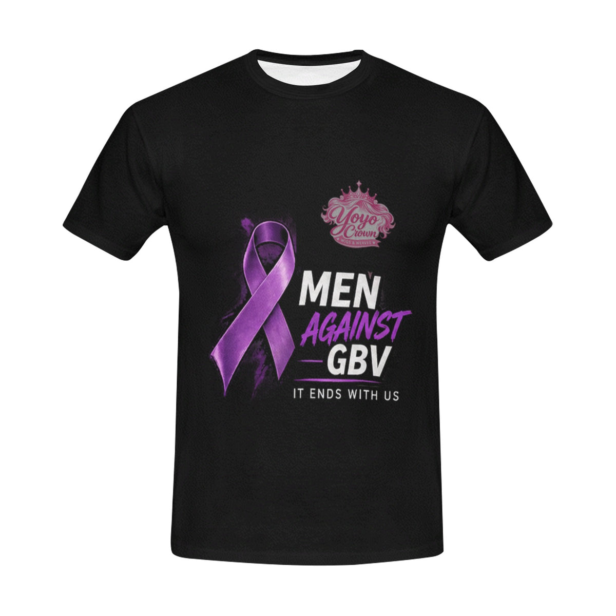 Men Against GBV black shirt with purple ribbon, front view