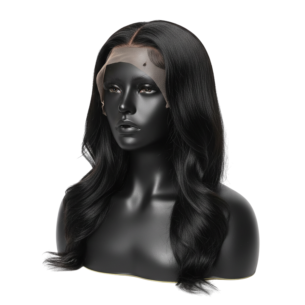 Yoyo Crown 30 inch straight human hair wig with transparent lace front on a black mannequin head