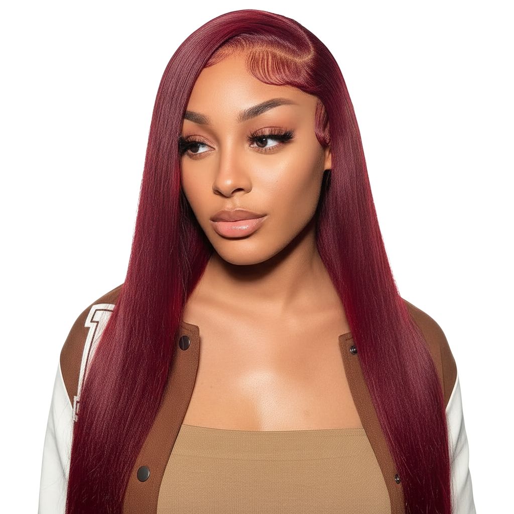 Yoyo Crown red straight human hair wig worn by a model with a side part and natural baby hairs