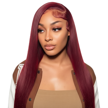 Yoyo Crown red straight human hair wig worn by a model with a side part and natural baby hairs